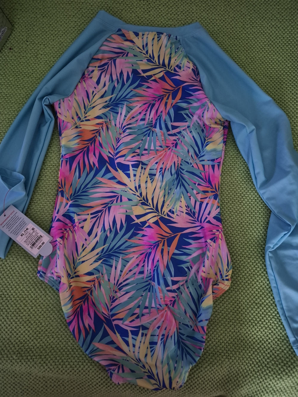NWT-Kids Cat & Jack Long Sleeve One-Piece Swimsuit - Blue Tropical Leaf Print